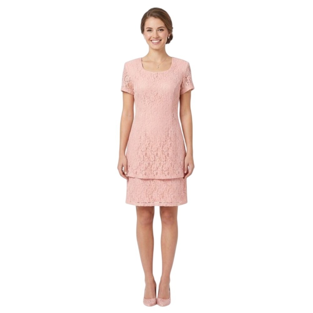 My Michelle Pink Floral Lace Tiered Sheath Dress Womens 8 Short Sleeve 7198-931Y